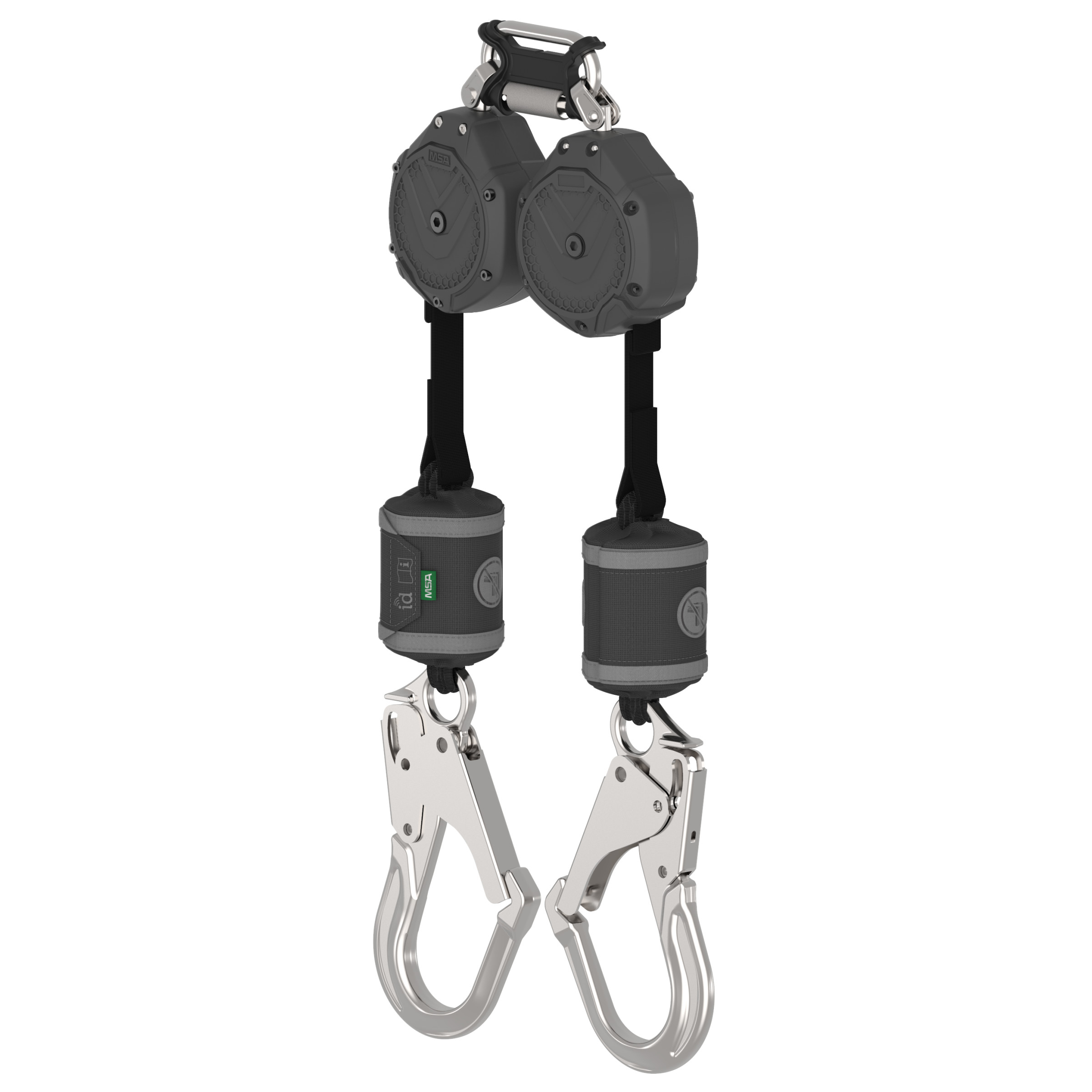 V-SHOCK PFL, 6', twin-leg, AL36CL large aluminum snaphooks, twin link triple action carabiner (top), ANSI Z359.14